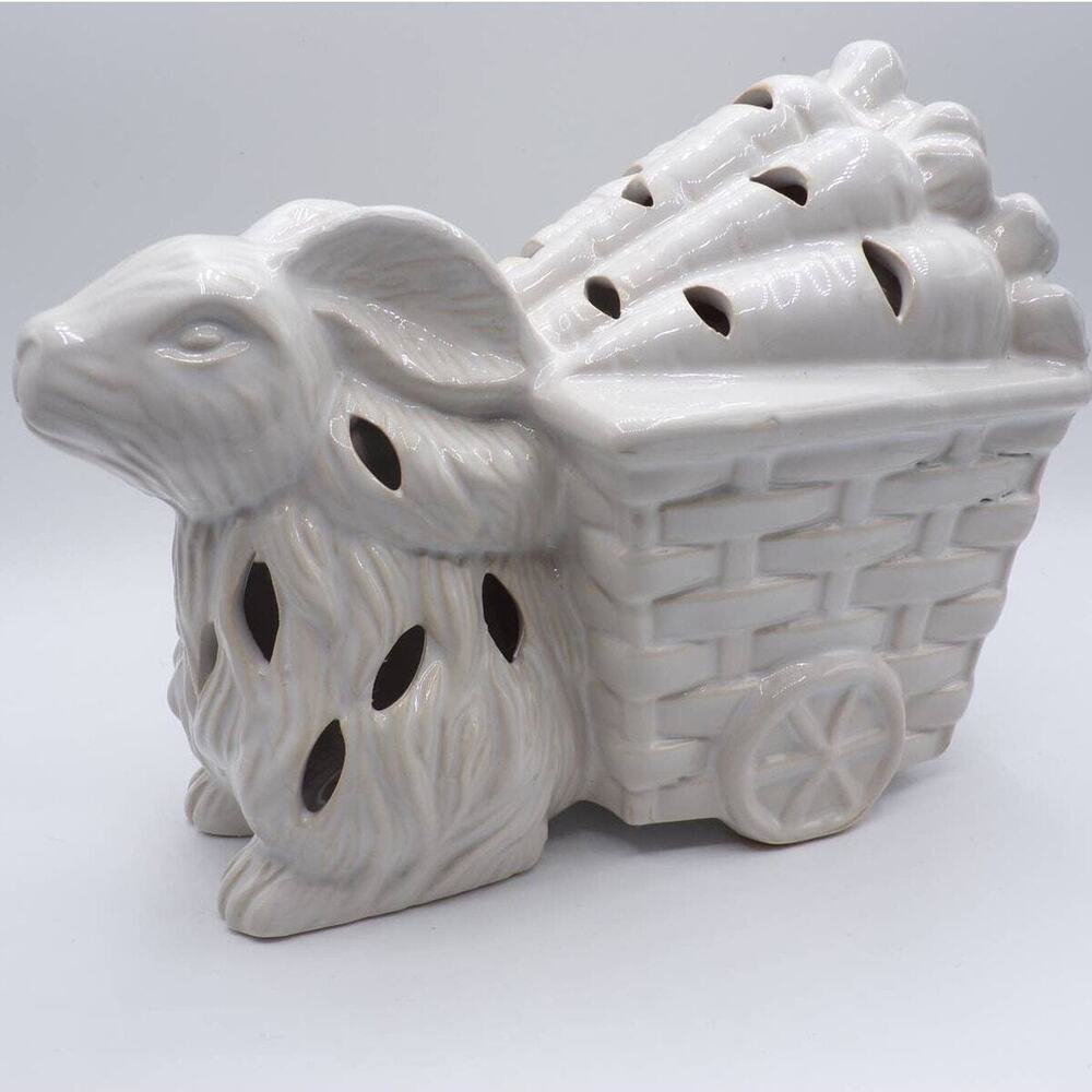 Bunny with Carrot Wagon Potpourri Sachet Holder White Glaze 5.5" High - Picture 3 of 8